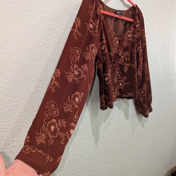 Madewell Floral Button Front Long Sleeve Crop Top Brown Boho Blouse Size Small - Picture 6 of 12